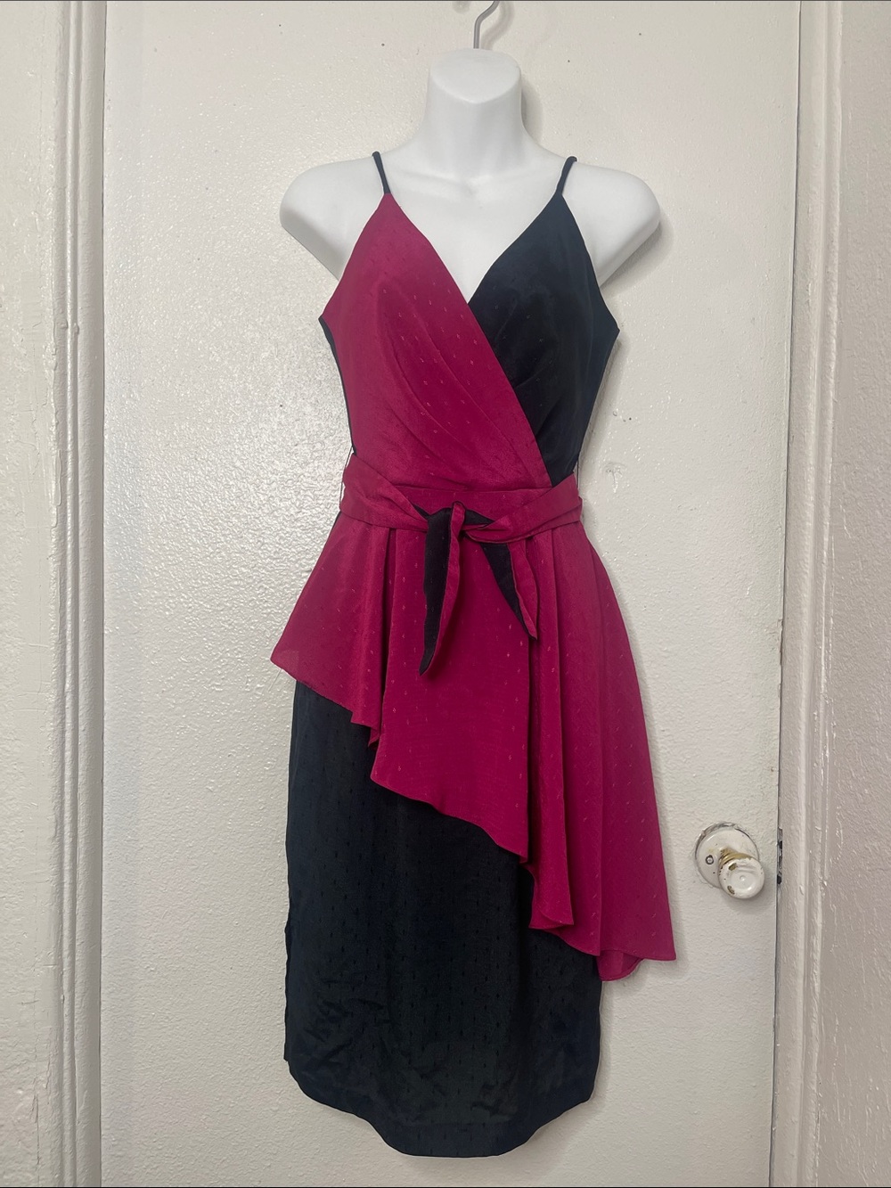 VINTAGE- Fuchsia and Black Wrap-Style Spaghetti Strap Dress